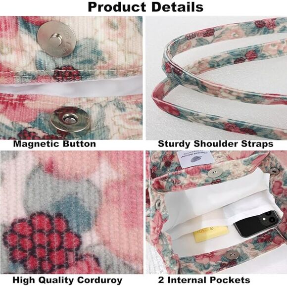 Women Pink Floral Imported Corduroy Small Canvas Shoulder Handy Tote Bag - Picture 4 of 4